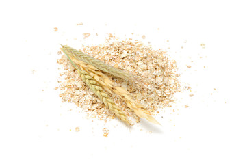 Wall Mural - Wheat, Oat, Rye and Barley Flakes with Ears on White Background