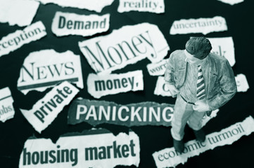 Wall Mural - Business man figure standing on bad news headlines