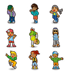 cartoon hip hop boy dancing icon set