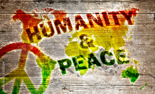Fototapeta dla dzieci Holzschild - Humanity and peace for the world