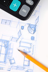 Wall Mural - Pencil,calculator and house plan