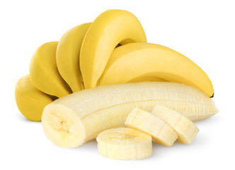 Leinwandbilder - Isolated bunch of banana fruits. Peeled cut bananas isolated on white background