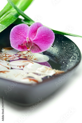 Tapeta ścienna Koncepcja spa: purpurowa orchidea, bambus i muszle