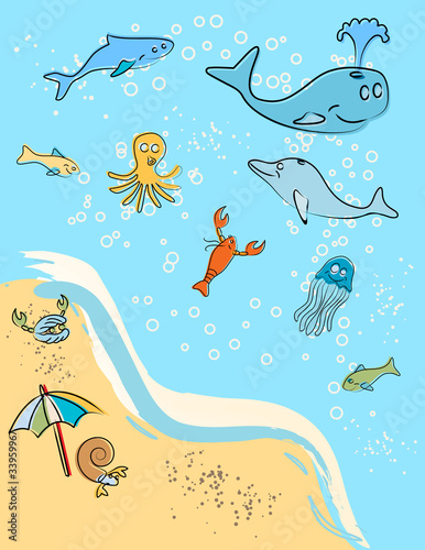 Tapeta ścienna Na plaży... zwierzęta morskie wektor / clip art