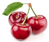 Three perfect sweet cherries with the leaf.