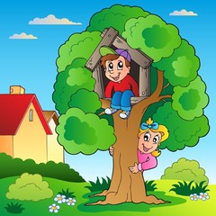 Wall Mural - Garden with two kids and tree