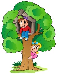 Canvas Print - Tree with two cartoon kids