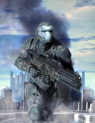 Wall Mural - futuristic soldier armor at war