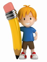 Wall Mural - 3D Render of Little Boy and Big Pencil