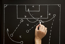 Coach Drawing A Soccer Football Game Strategy In The Locker Room