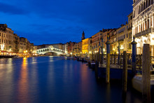 Venice At Night On The Canal Grande With View Of Rialto Bridge