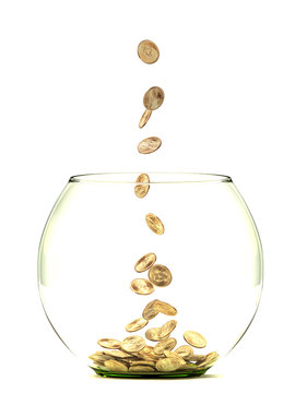 One dollar coins falling in fishbowl, on white background.