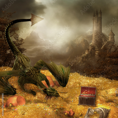 Obraz na płótnie canvas trzyczęściowy "tryptyk" Sceneria fantasy ze smokiem, skarbem i zamkiem