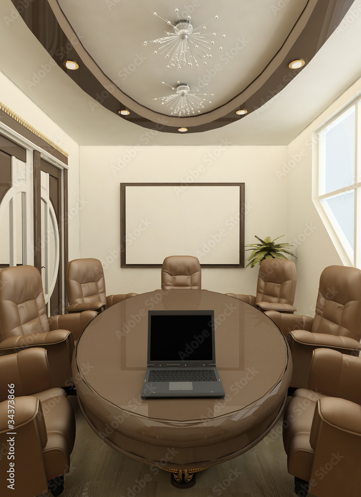 Round Table Pc Perspective round table with computer in office interior. Workpl Stock ...