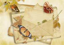 Vintage Paper Background With Butterflies And Envelope