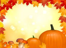 Autumn Background With Mushrooms Pumpkins. Vector