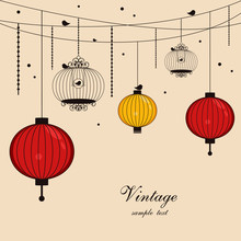Hanging Lanterns And Birdcages With Space For Text
