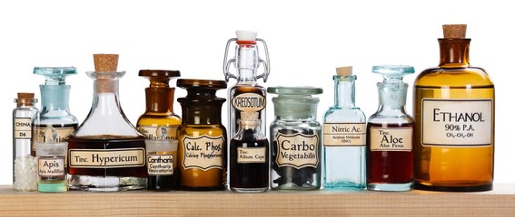 various pharmacy bottles of homeopathic medicine