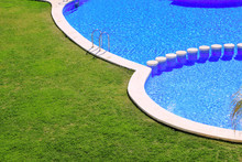 Blue Tiles Swimming Pool With Green Grass Garden