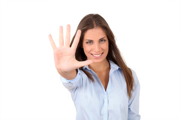 Portrait of girl showing hand to camera