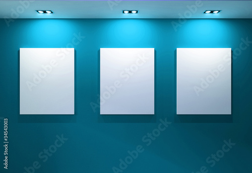 Fotografie, Obraz Gallery Interior with empty frames on aqua wall