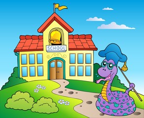 Poster - Snake teacher with school building