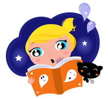 Little Child Has Fear When Reading Halloween Night Story