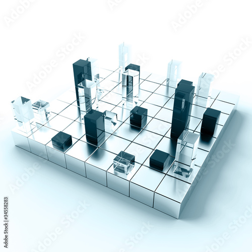 Abstract dark blue and glass cubes on a white metallic bases