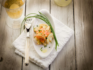 Wall Mural - salmon carpaccio with slice ovum mushroom salad