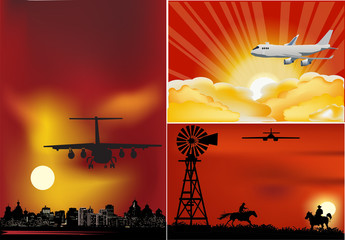 Wall Mural - three compositions with planes at sunset