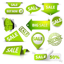 Collection Of Vector Green Sale Tickets, Labels, Stamps