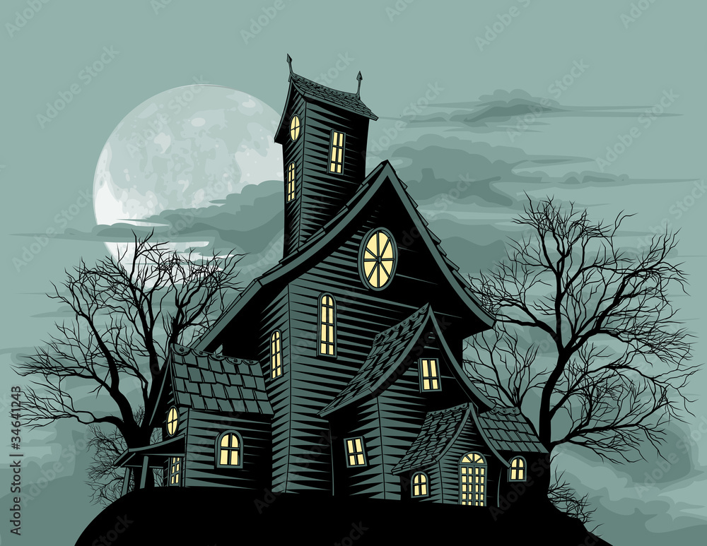 Creepy haunted ghost house scene illustration - obrazy, fototapety, plakaty 