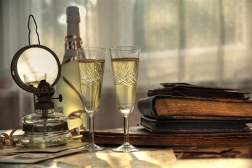 Wall Mural - Champagne and old books and letters.