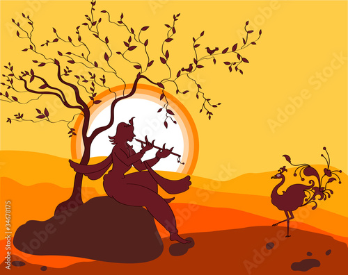 Plakat na papierze fotorealistycznym Shadow shri shri krishna playing flute, taniec paw