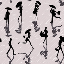 Seamless Pattern With Silhouettes Of People With Umbrellas