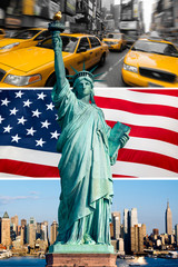 Fototapete - New York, statue de la liberté, taxi, skyline