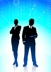 Wall Mural - Business Couple on Binary Code Background