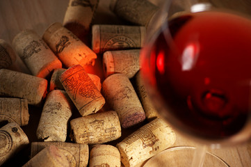 Wall Mural - Wine corks with wine reflex