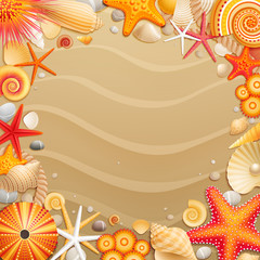 Wall Mural - Shells and starfishes on sand background.