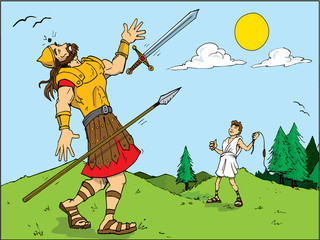 Cartoon of Goliath defeated by David