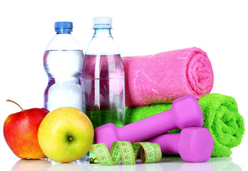 Sticker - towel, dumbbells, apples and water bottle isolated on white