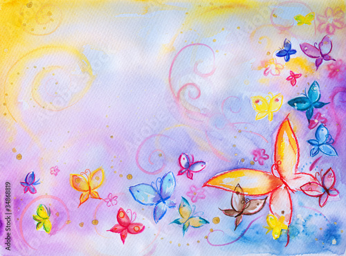 Obraz w ramie Buckground with butterflies-watercolors