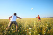 © Dudarev Mikhail - Young couple playing frisbee on a green meadow with grass on clear blue sky background
