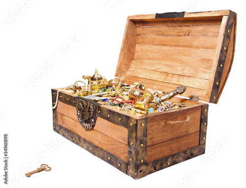 treasure chest with key isolated on white