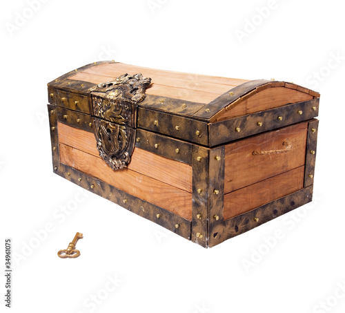 treasure chest with key isolated on white