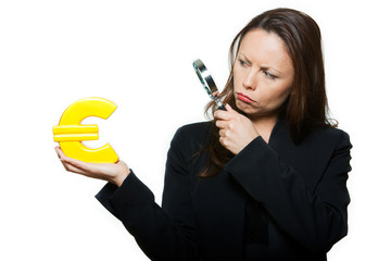 Portrait of beautiful worried woman surveying euro