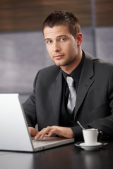 Canvas Print - Handsome businessman working on laptop