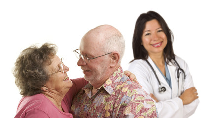 Wall Mural - Cute Senior Couple with Medical Doctor or Nurse Behind