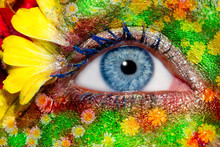 Blue Woman Eye Makeup Spring Flowers Metaphor