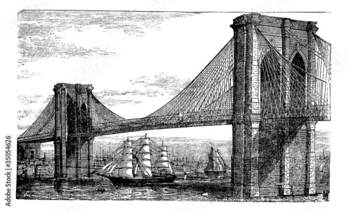 Obraz w ramie Illustration of Brooklyn Bridge and East River, New York, United